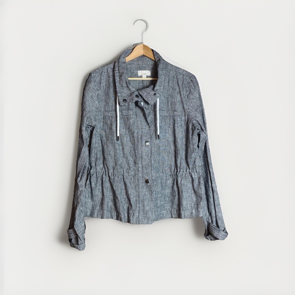 Loft Women's XS Utility Jacket Blue White Stripe Linen Blend Zip Snap Drawstring